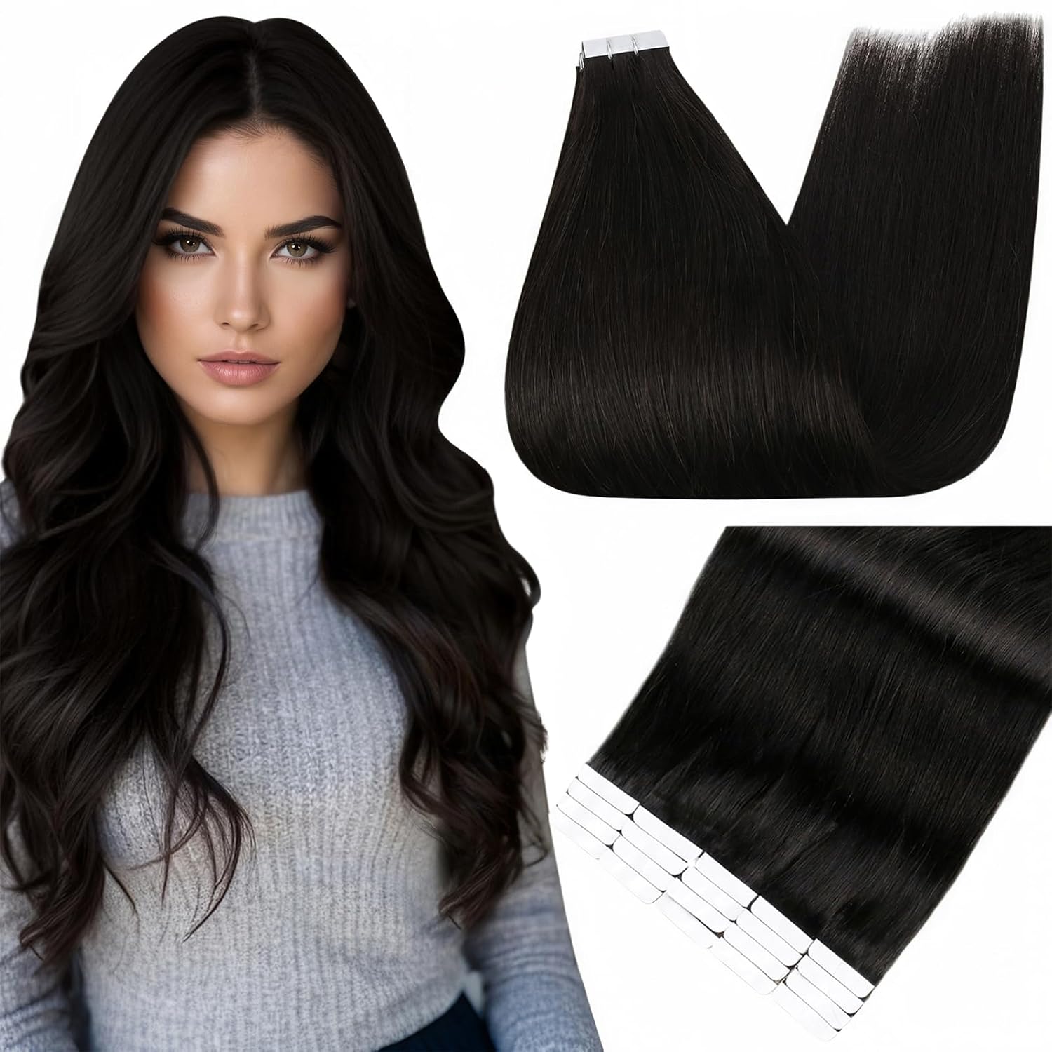 Full Shine Tape in Hair Extensions 22 Inch Off Black Seamless