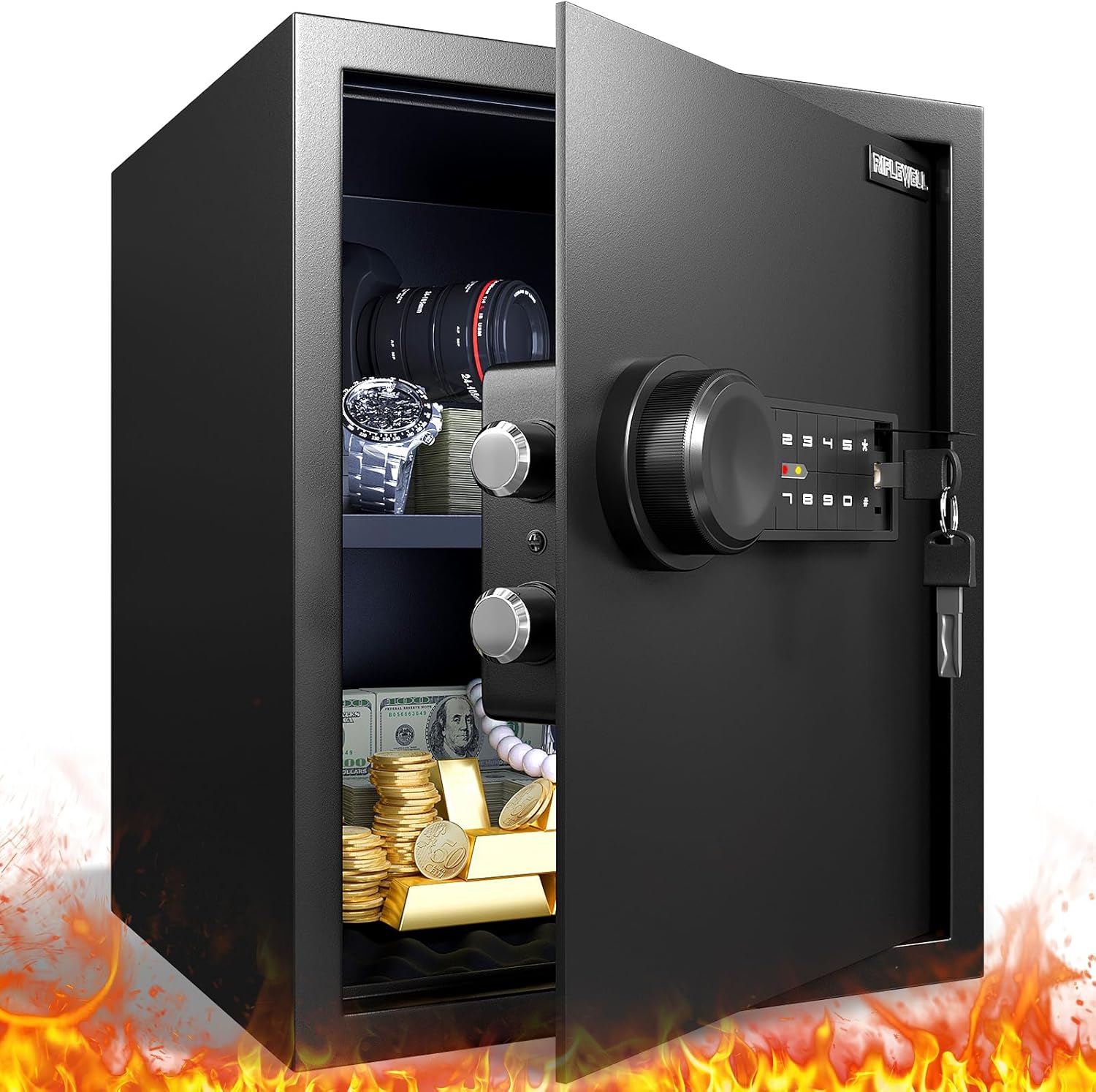 Fireproof Safe with Dual Alarm System and LED Light for Valuables