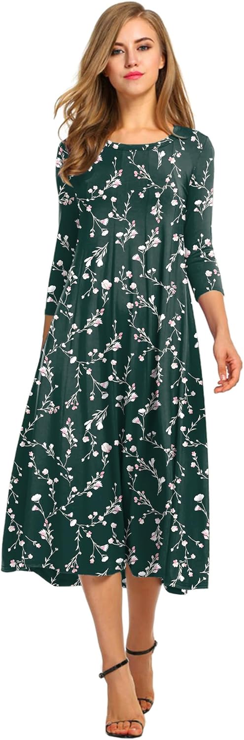 HOTOUCH Women's 3/4 Sleeve A-line Midi Long Dress for Elegance