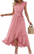 V Neck Summer Dress Boho Swiss Dot Maxi - Flowy Wrap Style
