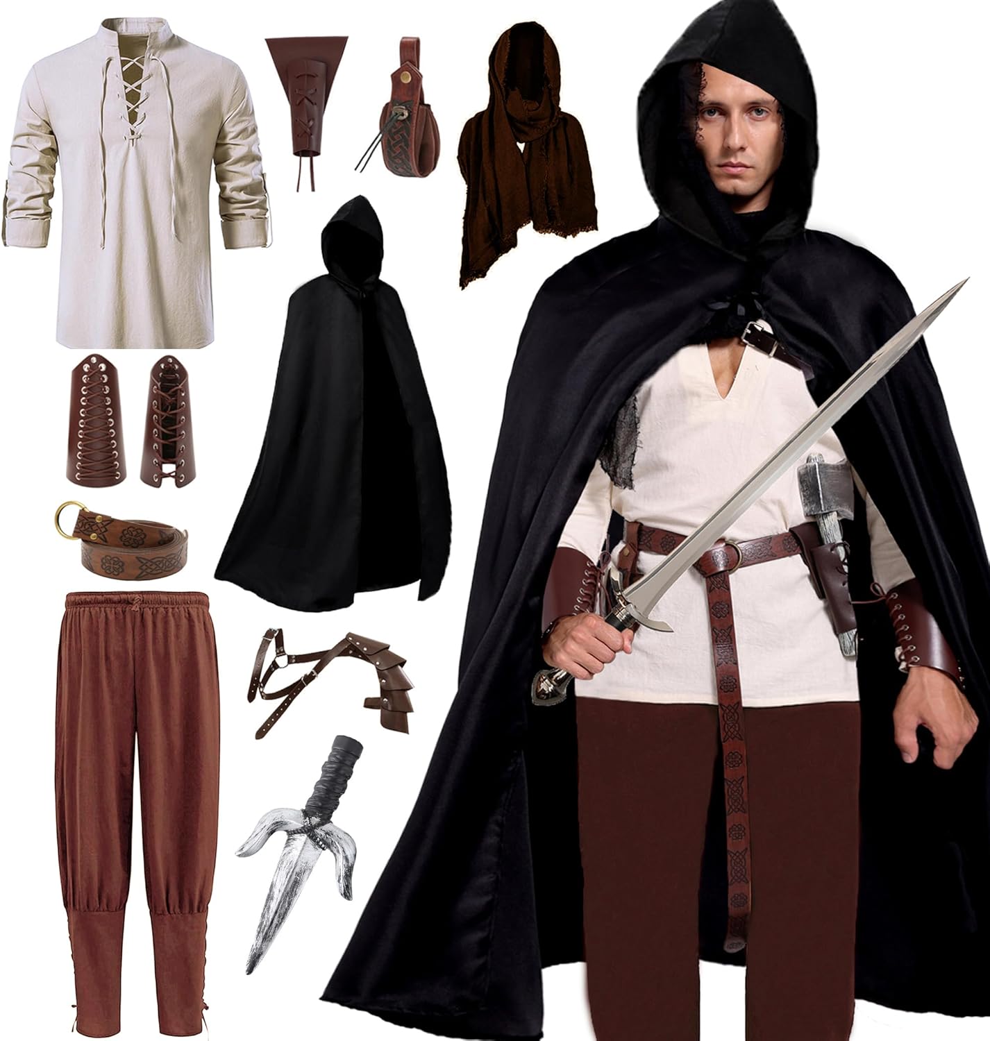Medieval Pirate Costume Set for Men - 10 Pcs Renaissance Outfit