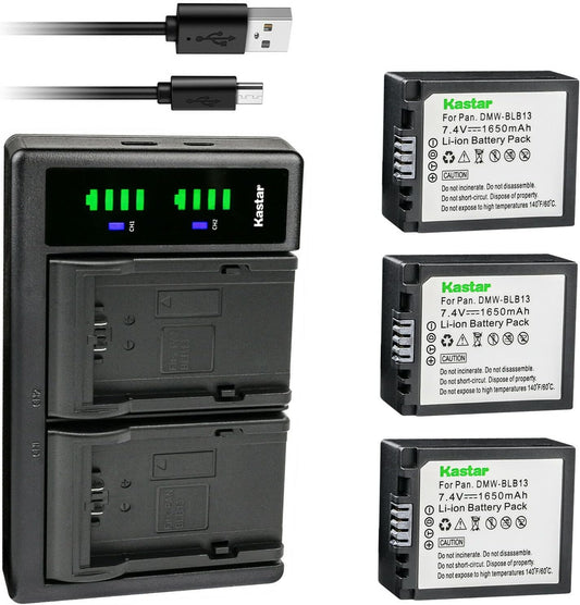 Kastar DMW-BLB13 Battery 3-Pack with Dual USB Charger for Lumix