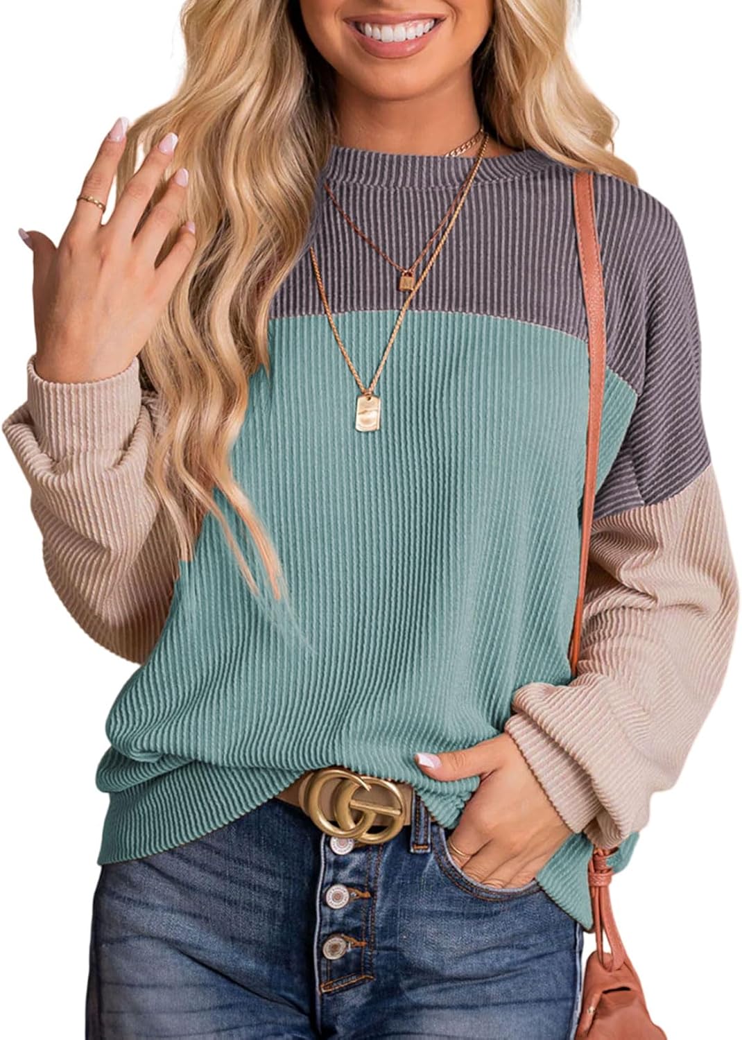 Dokotoo Womens Fashion Color Block Long Sleeve Pullover Tops