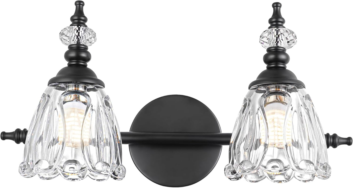 Matte Black Vanity Light with Flower Glass Shade for Bathroom