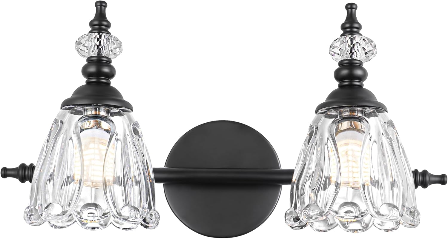Matte Black Vanity Light with Flower Glass Shade for Bathroom