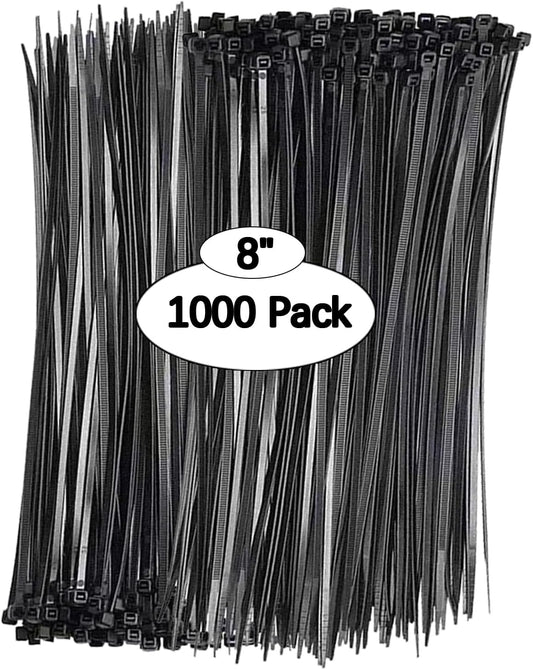 1000 Pack 8 Black Zip Ties - Heavy Duty Self-Locking for Indoor/Outdoor Use
