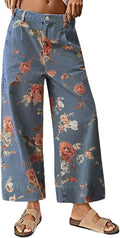 Wide Leg Cropped Floral Jeans for Women - Comfortable Boho Fit