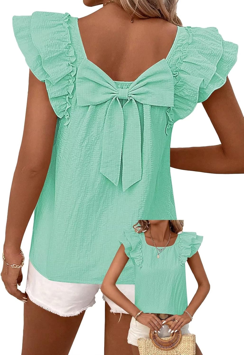 Womens Bow Tie Back Tops with Ruffle Short Sleeves for Summer