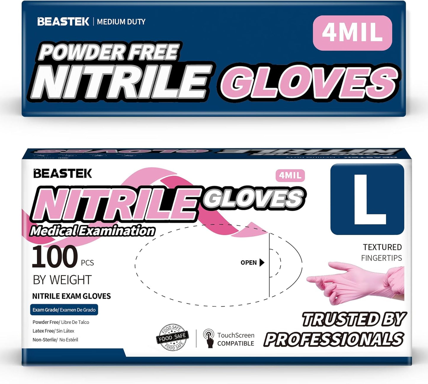 Beastek Pink Nitrile Gloves | 4.0 Mil | Medical Grade | Powder-Free