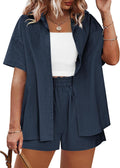 Plus Size 2 Piece Tracksuit Shorts Set - Lightweight Summer Linen