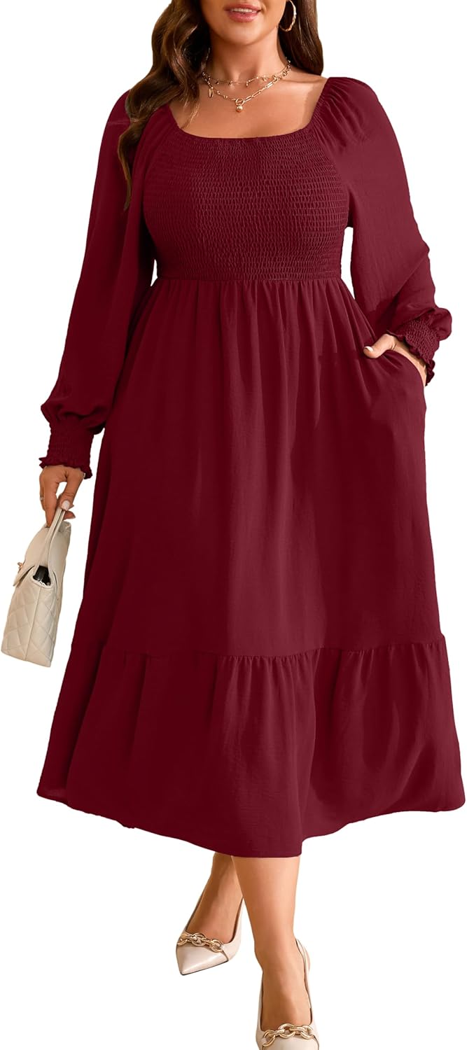 Plus Size Long Sleeve Floral Print Maxi Dress with Pockets