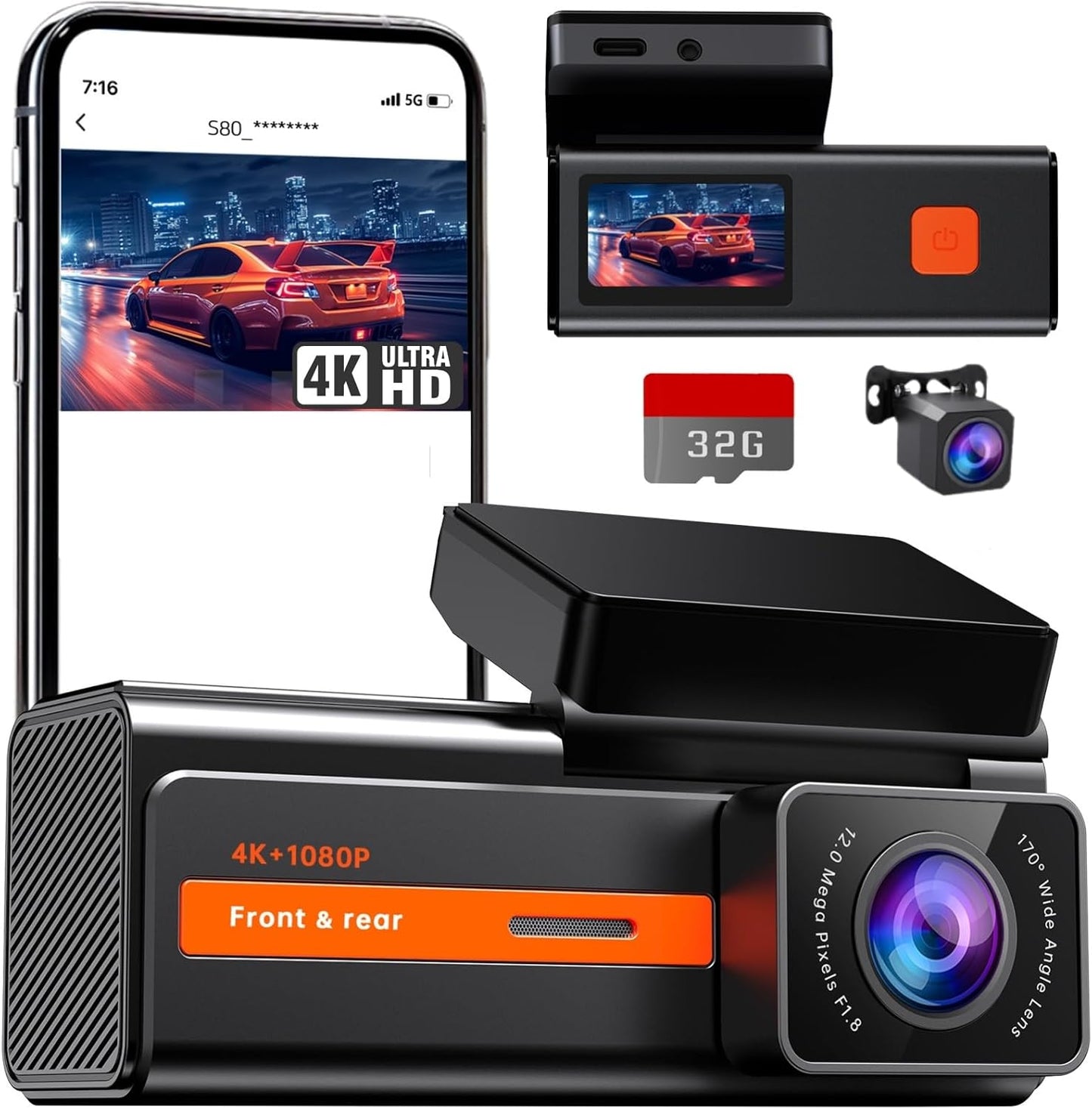 Vivement 4K Dual Dash Cam with WiFi App
