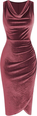 Velvet Cowl Neck Ruched Midi Dress - Flattering Cocktail Fit