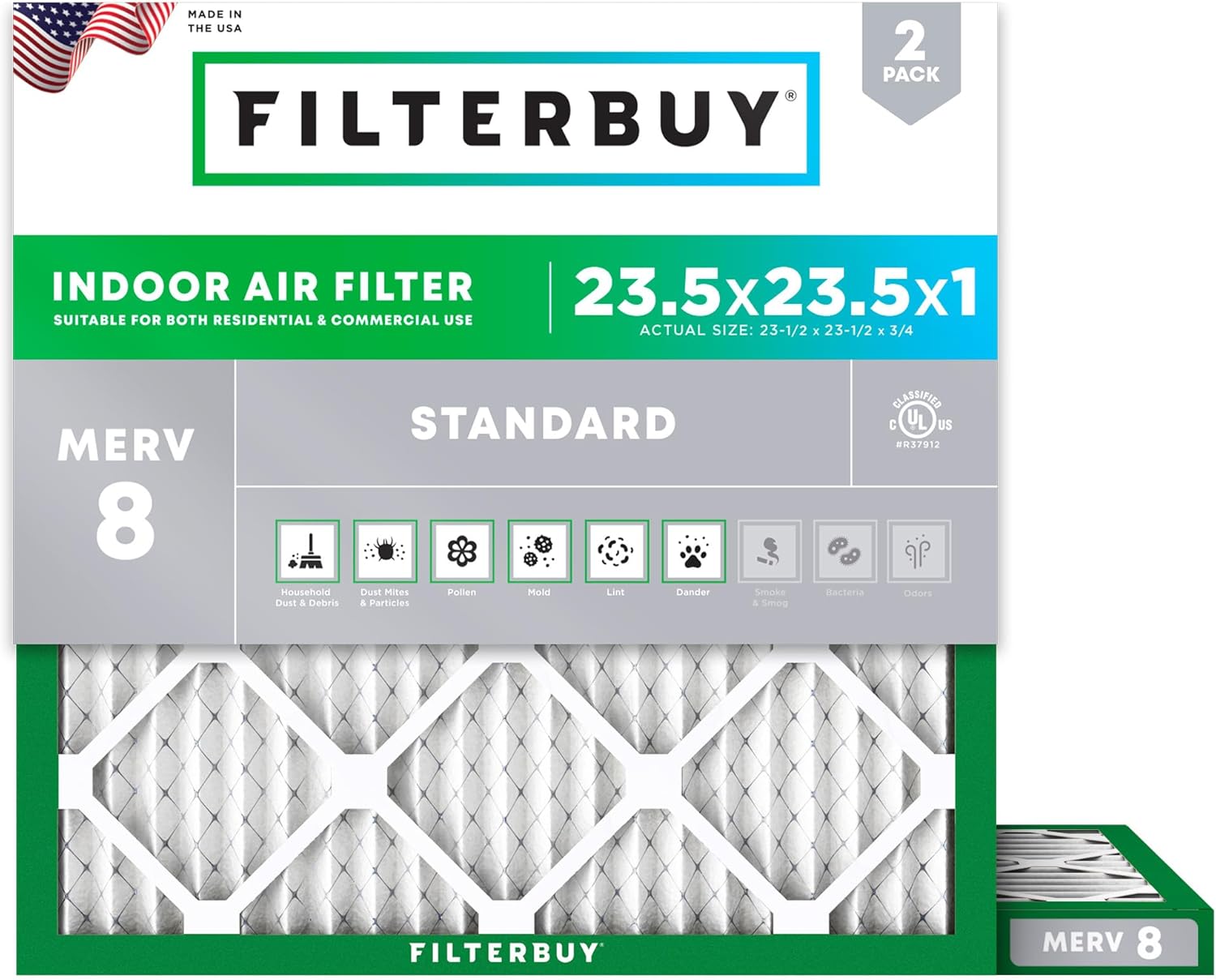 Filterbuy 23.5x23.5x1 MERV 8 Dust Defense Filter 2-Pack