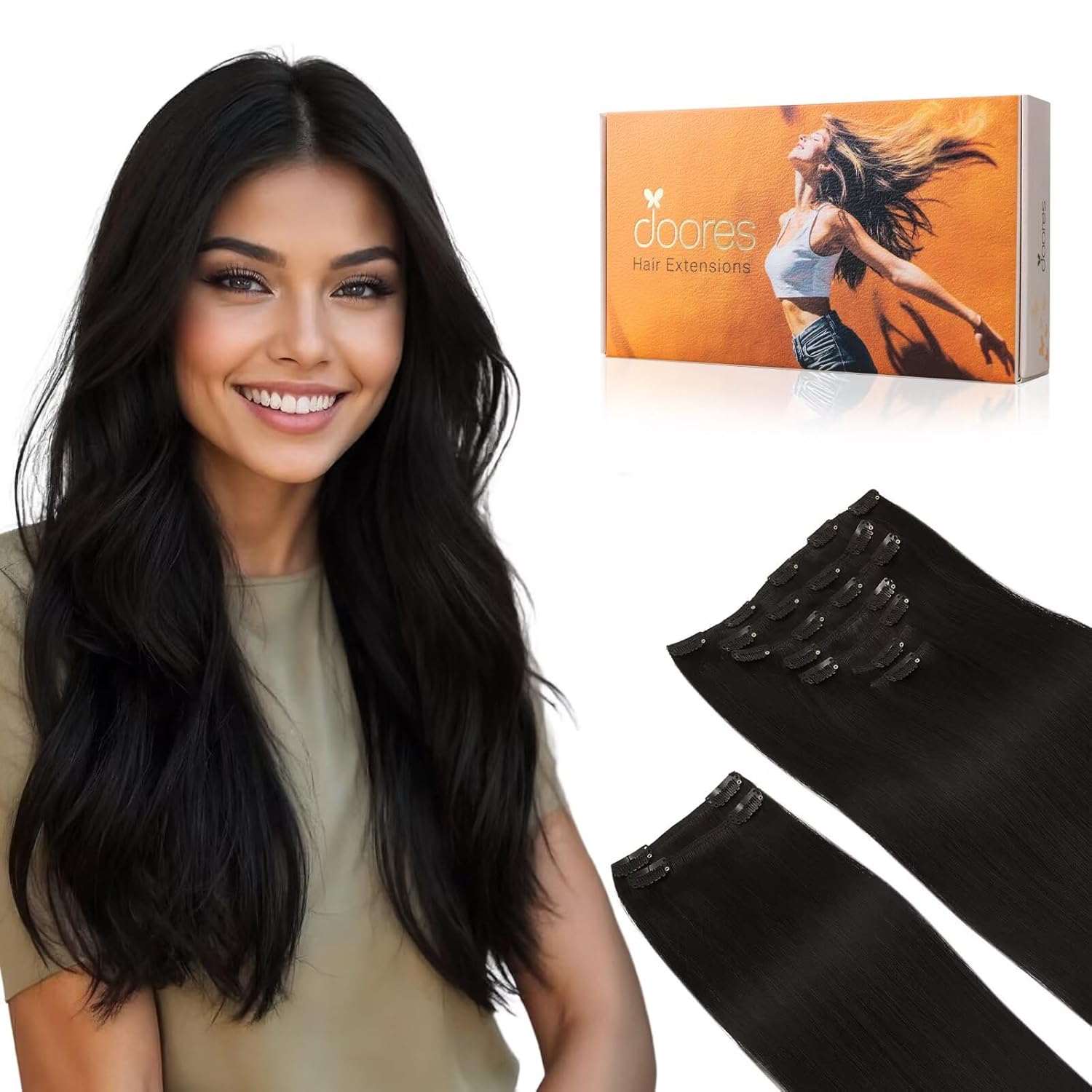 DOORES Hair Extensions Real Human Hair 18 Inch Jet Black 150g