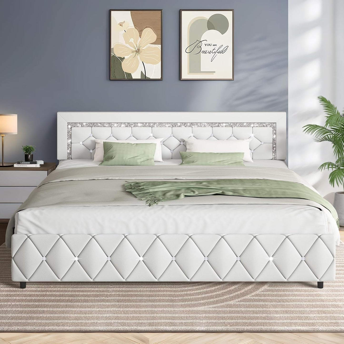 HOMBCK King Bed Frame with Diamond Headboard for Elegant Sleep