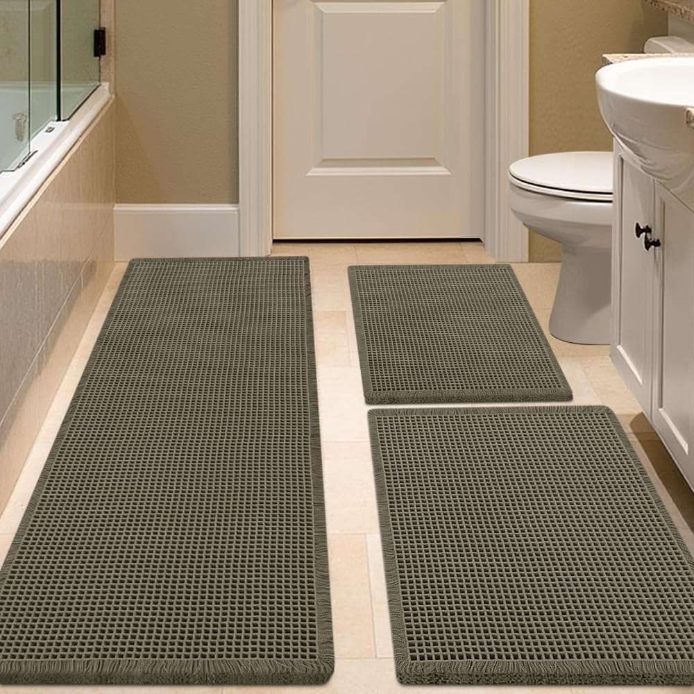 Waffle Bath Mat Set 3 Piece Olive Green for Modern Bathrooms