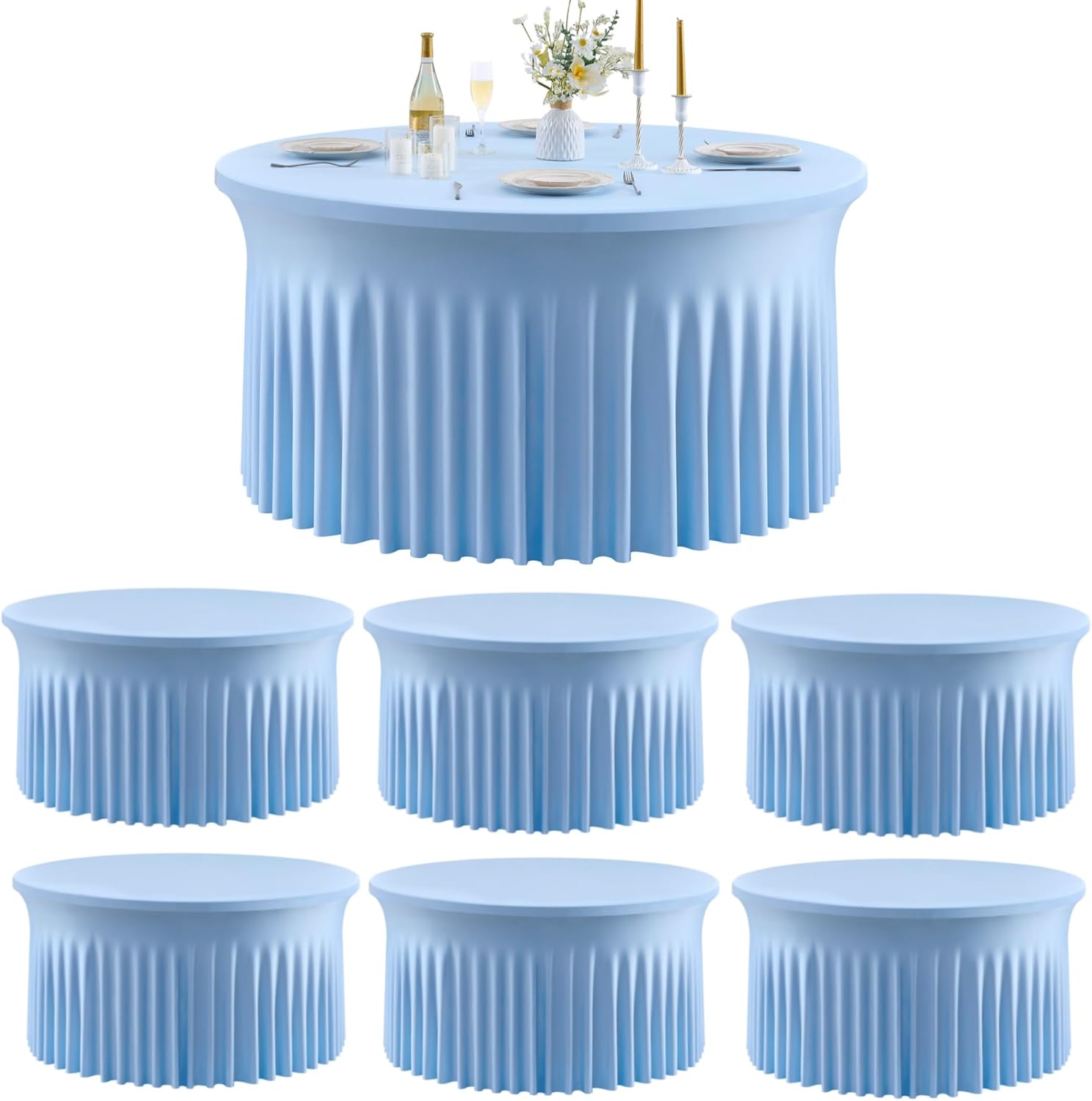Elegant Baby Blue Round Tablecloths for 60in Tables - 6 Pack