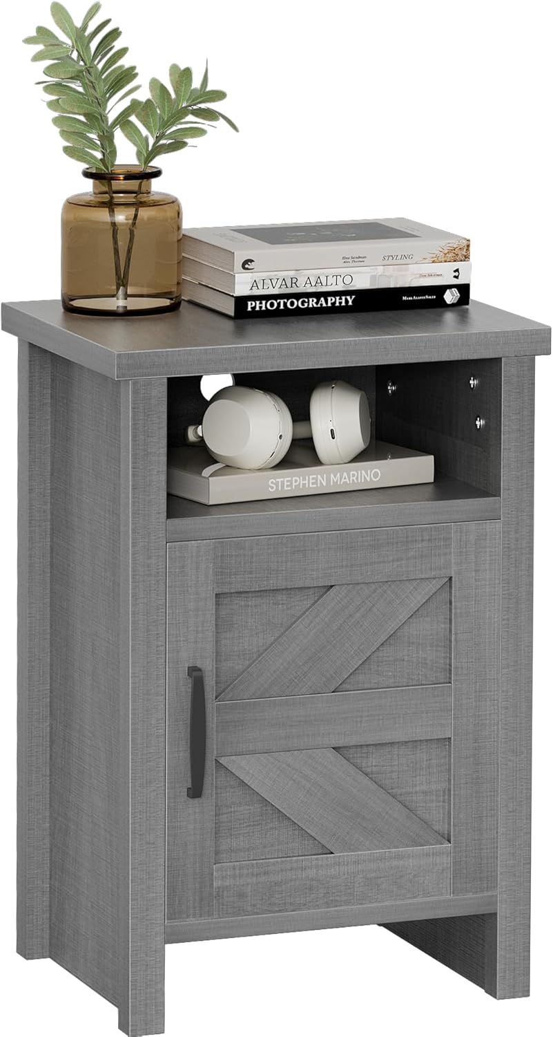 Farmhouse Modern Nightstand with Shelf and Barn Door for Bedroom