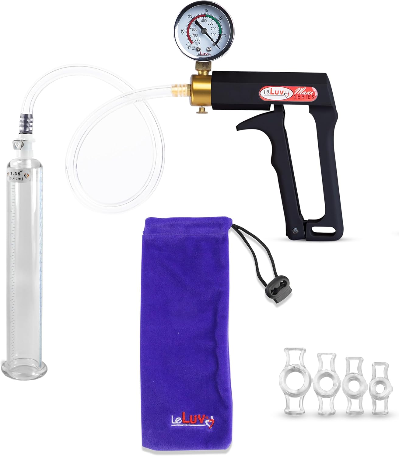 LeLuv Penis Pump Maxi with Gauge and Constriction Rings Bundle