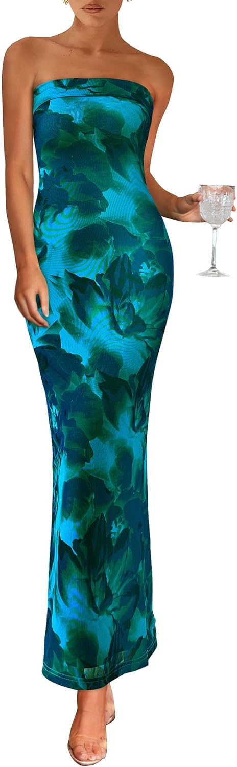 Womens Summer Printed Tube Maxi Dress for Elegant Nights