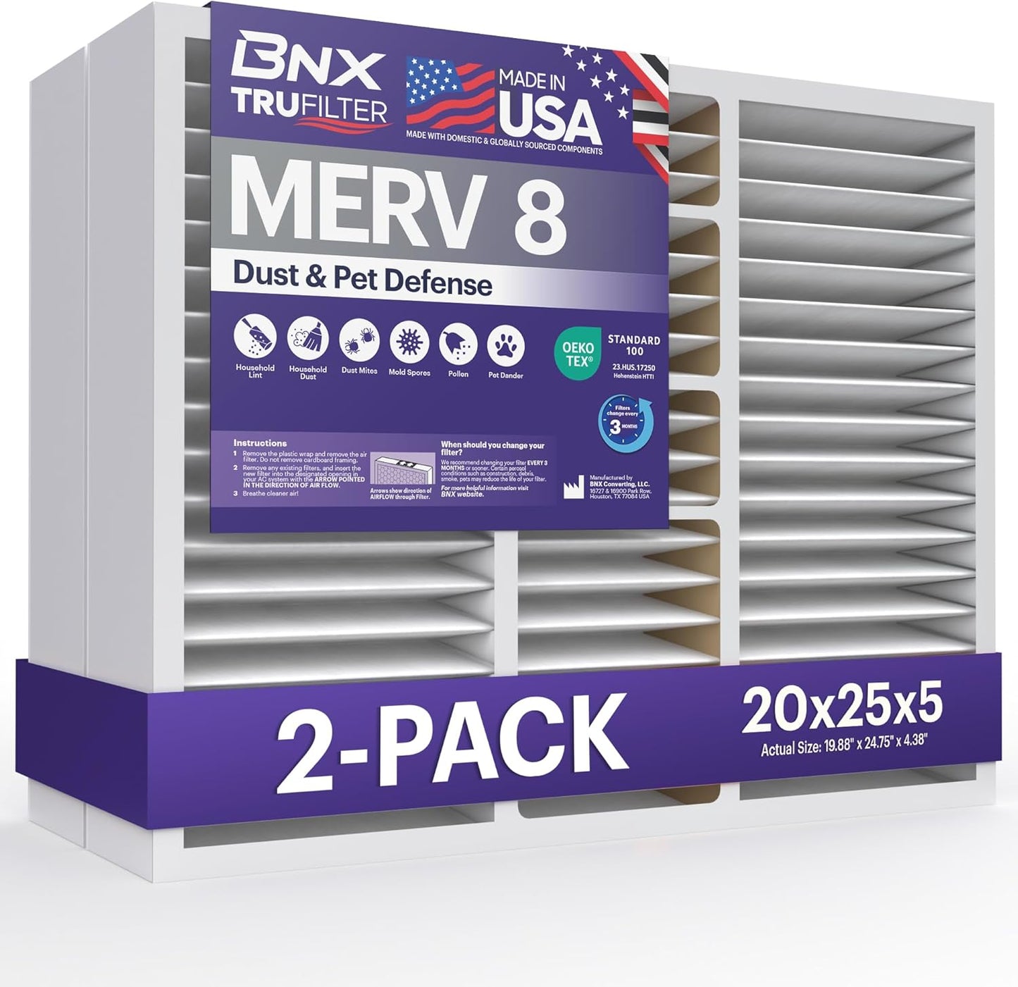 BNX TruFilter 20x25x5 MERV 8 Air Filter for Clean Air