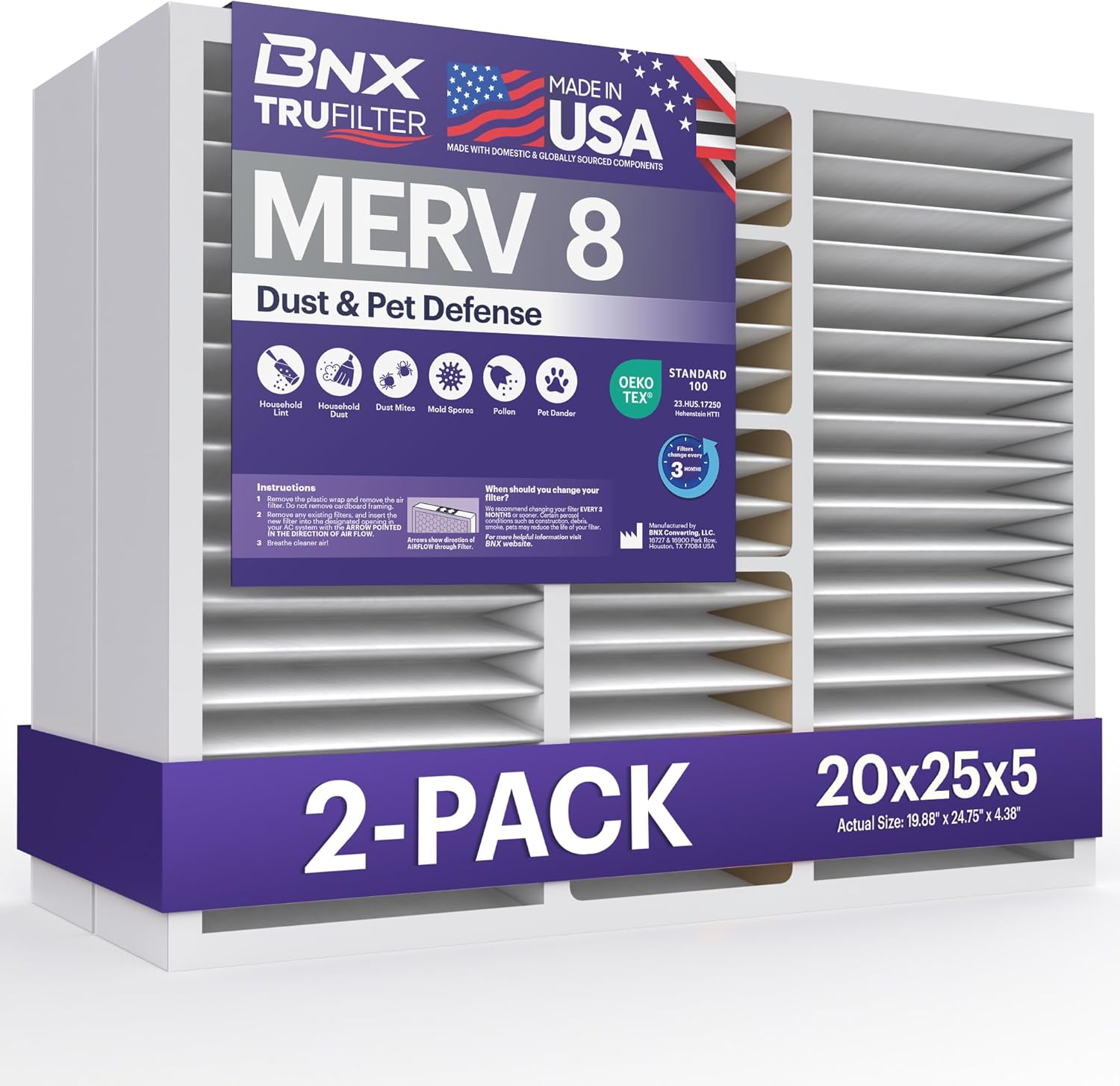 BNX TruFilter 20x25x5 MERV 8 Air Filter for Clean Air
