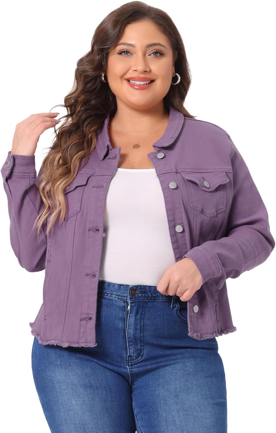 Plus Size Classic Washed Front Frayed Denim Jacket for Women