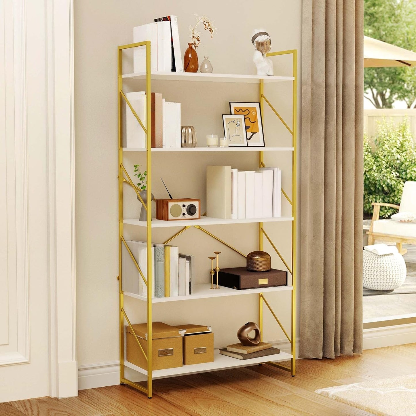 YITAHOME 5 Tiers Gold Bookshelf for Modern Home Storage