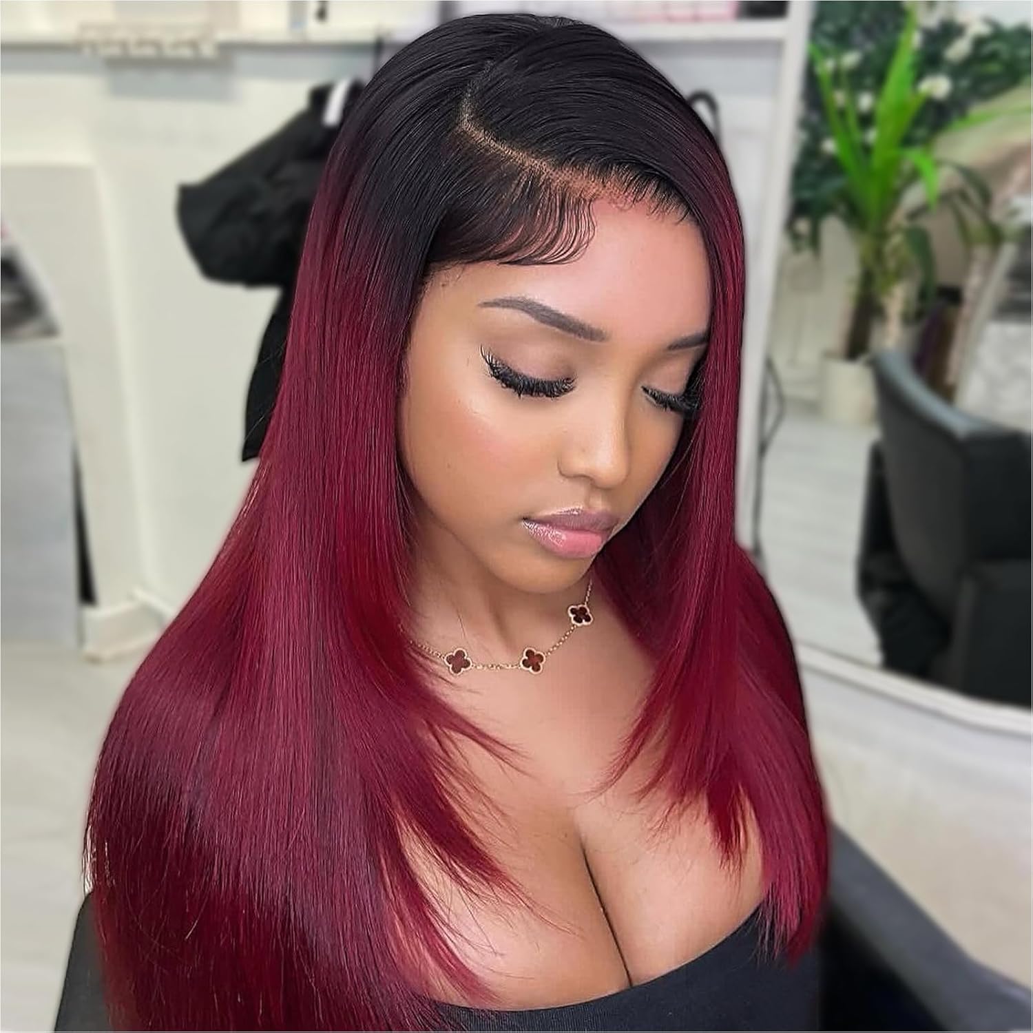 Bob Wig Human Hair 13x4 HD Lace Frontal Ombre Burgundy 16 Inch