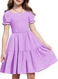 Girls Summer Dress Tie Back Square Neck Tiered Midi - With Pockets