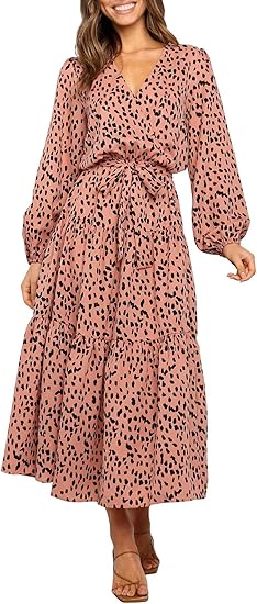 MITILLY Women's Boho Leopard Print Ruffle Long Sleeve Maxi Dress