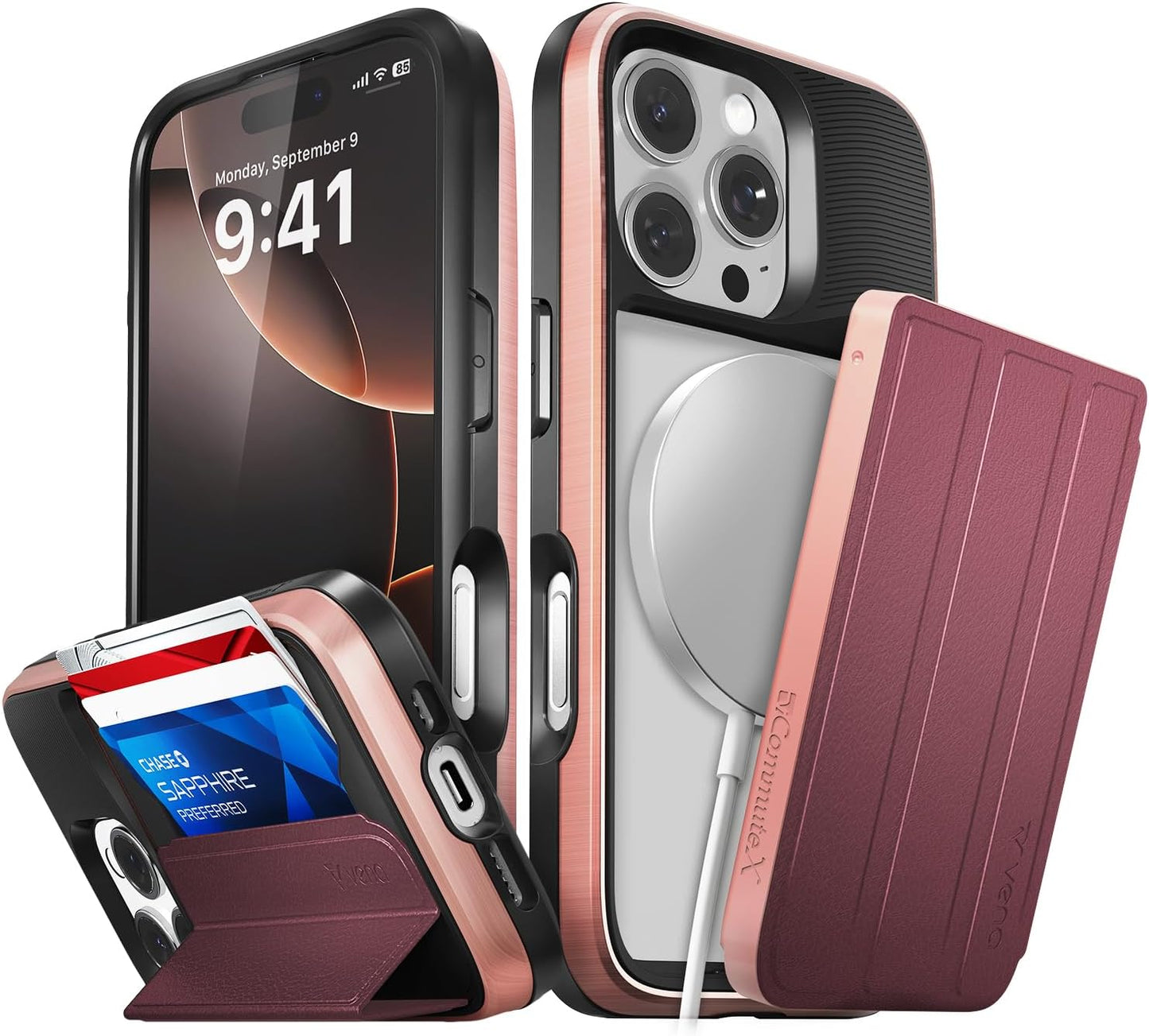 VENA vCommuteX iPhone 16 Pro Wallet Case with Kickstand Red