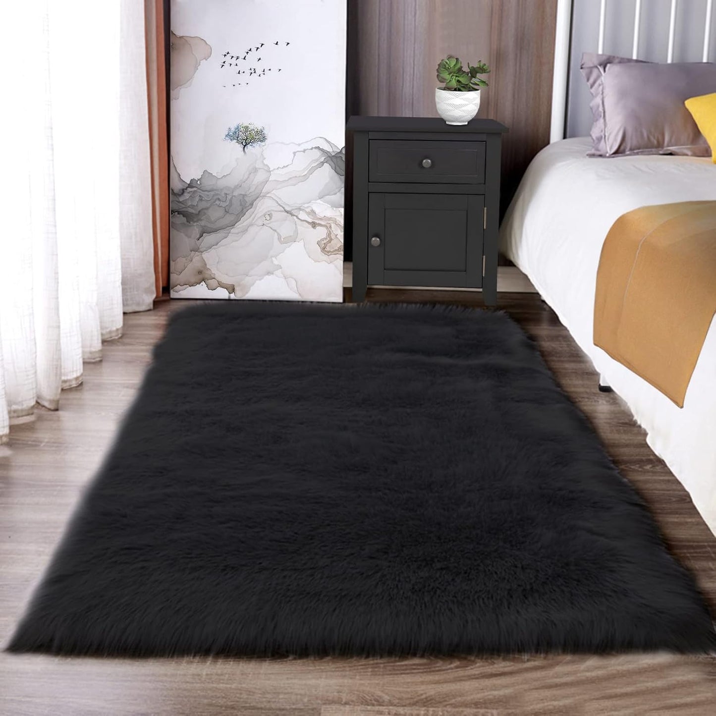 Latepis Black Fluffy Small Fur 3x4 Area Rug for Cozy Spaces