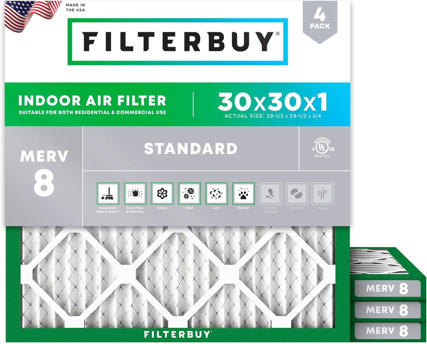 Filterbuy 30x30x1 Air Filter MERV 8 for Dust & Allergy Defense