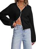 Women Long Sleeve Cropped Cardigan Button Down Knit Sweater