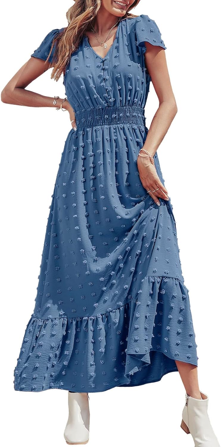 PRETTYGARDEN Womens Summer Maxi Dress Boho Short Sleeve V Neck