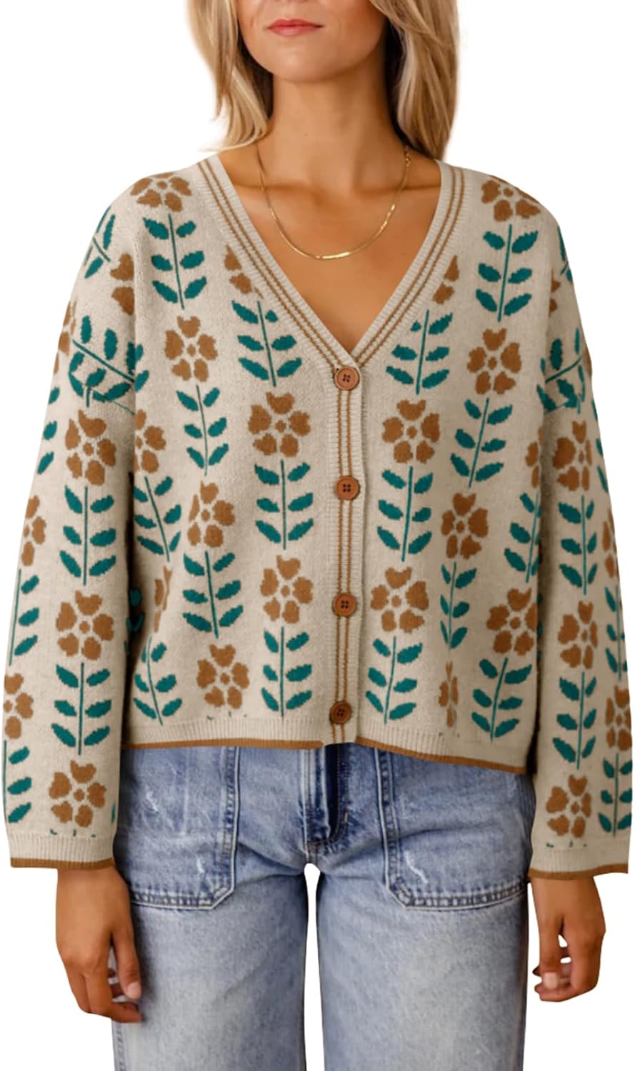 Stylish Floral Print V Neck Cardigan for Women - Cozy Knit Sweater