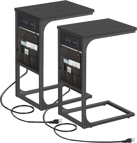 C Shaped End Table with Charging Station and Storage Bag Set