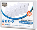 Waterproof Pillow Protectors 80 Pack Queen Size - Durable Zip