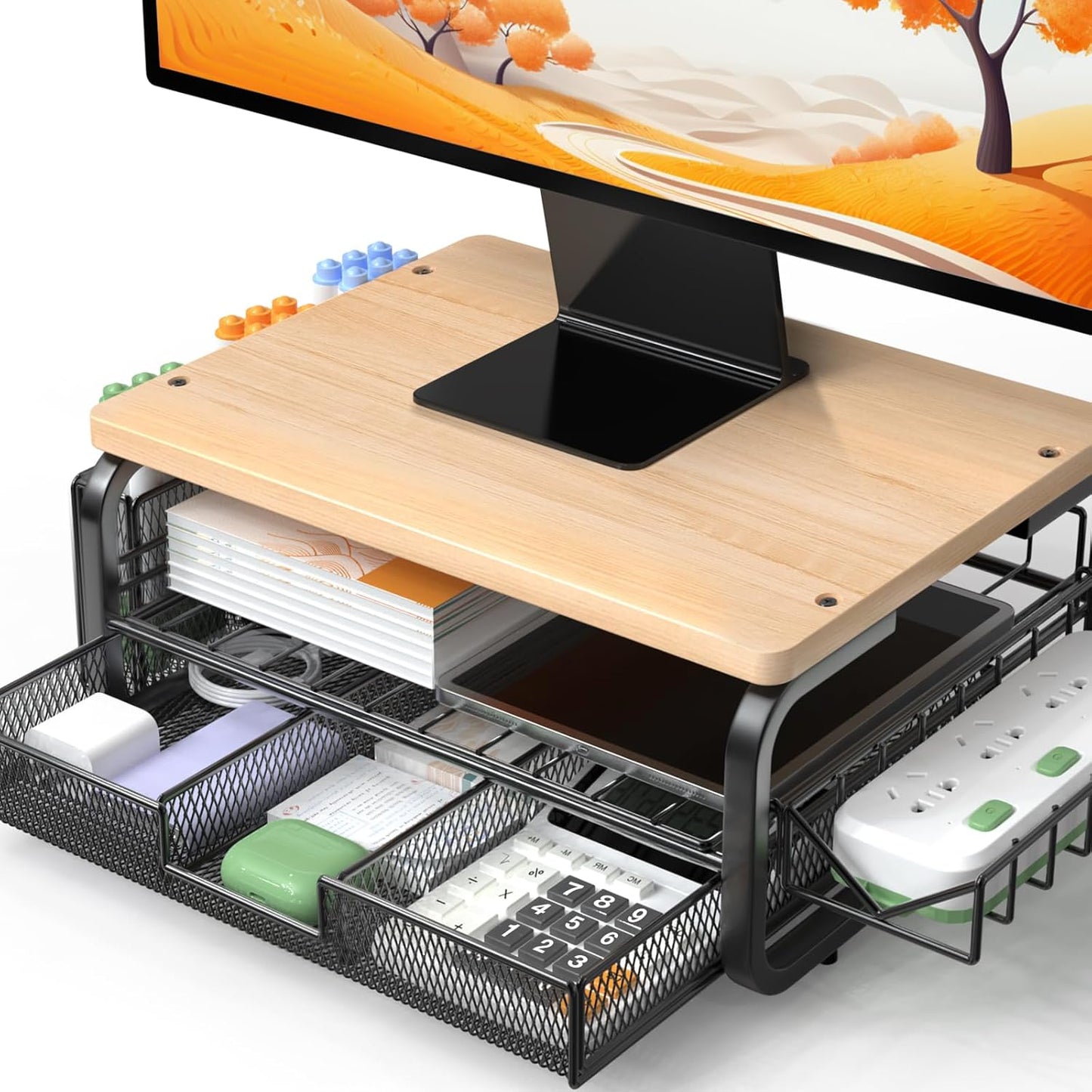 Premium Wood Monitor Stand with Drawer - Desk Organizer
