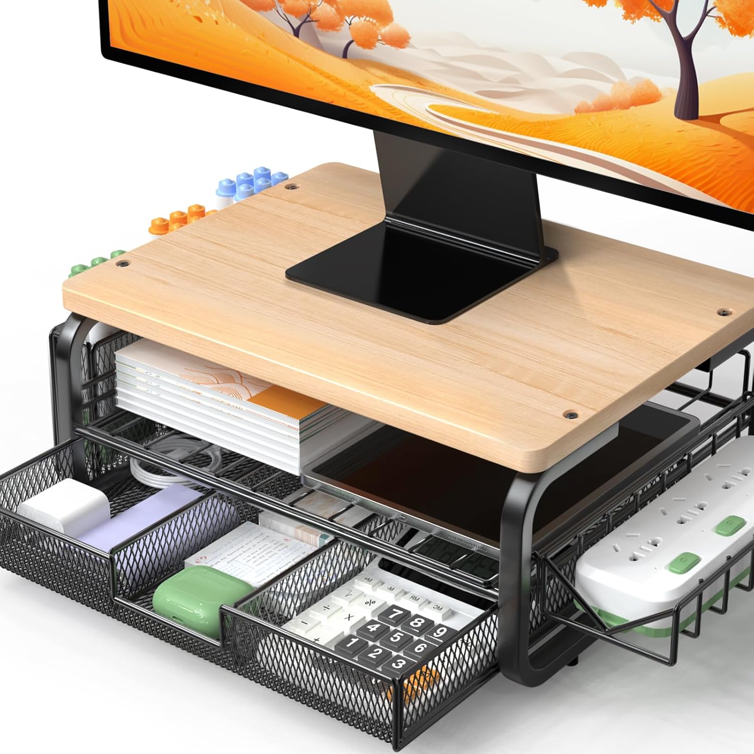 Premium Wood Monitor Stand with Drawer - Desk Organizer