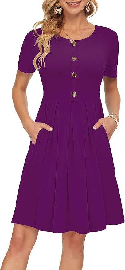 AUSELILY Women's Short Sleeve Pleated Casual Dress with Pockets
