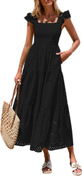 Womens Cotton Square Neck Maxi Dress - Eyelet Smocked Pockets