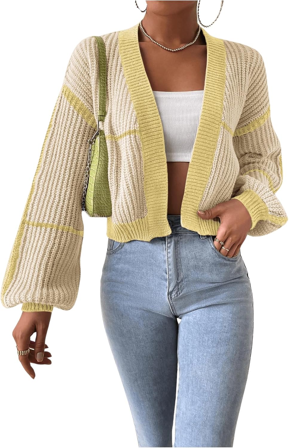 COZYEASE Women's Color Block Crop Cardigan for Fashion Lovers