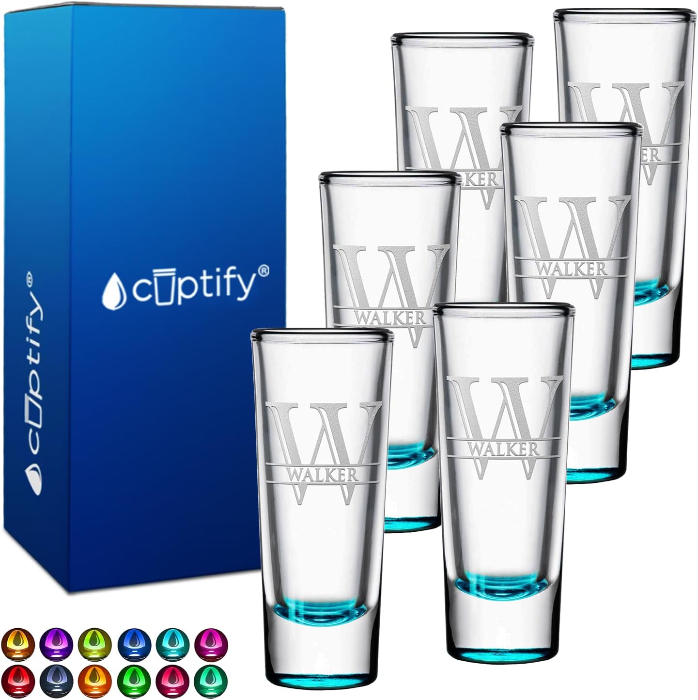 Personalized Shot Glasses Set of 6 with Elegant Teal Bottom
