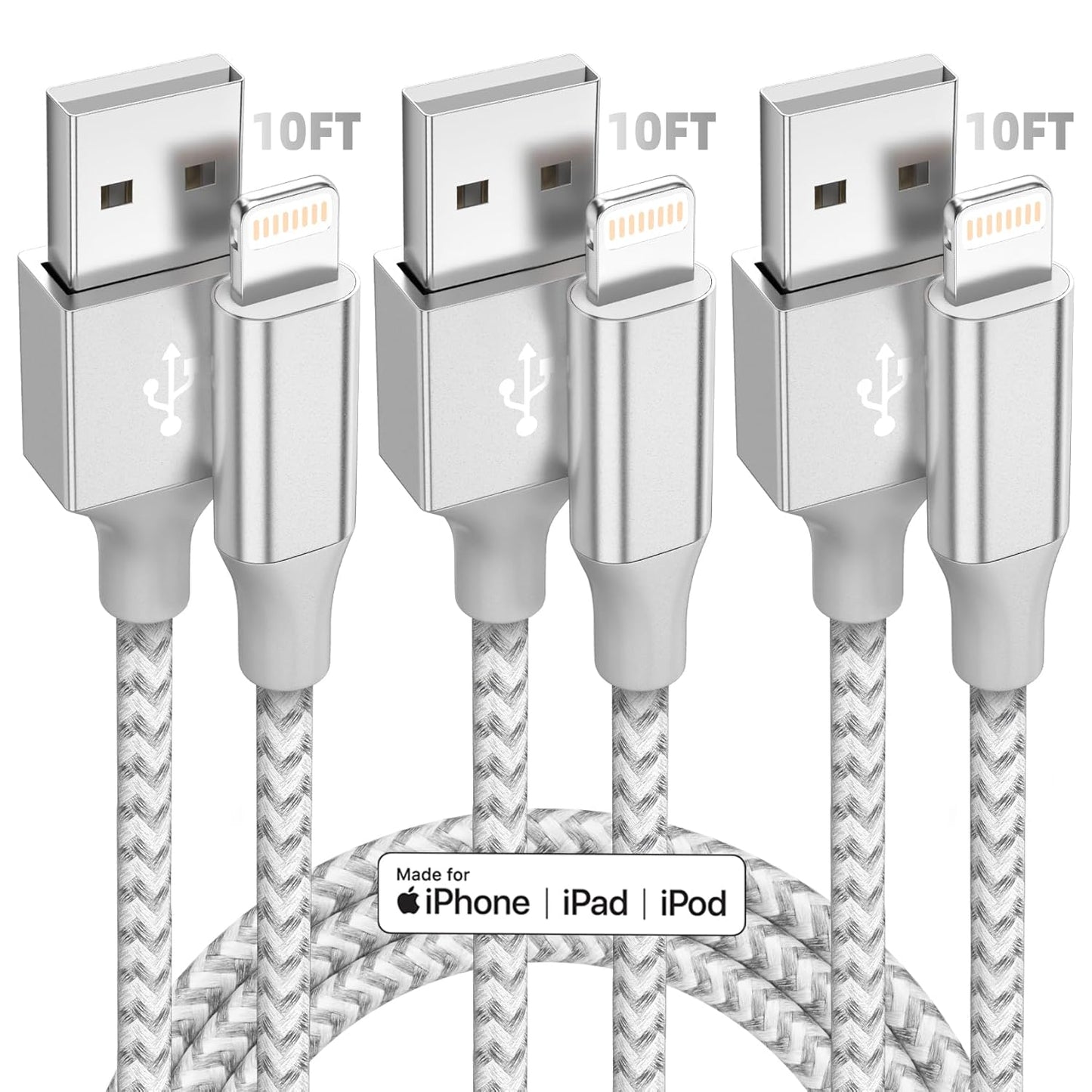 Fast Charge 10FT Lightning Cable 3 Pack - iPhone 13 Compatible
