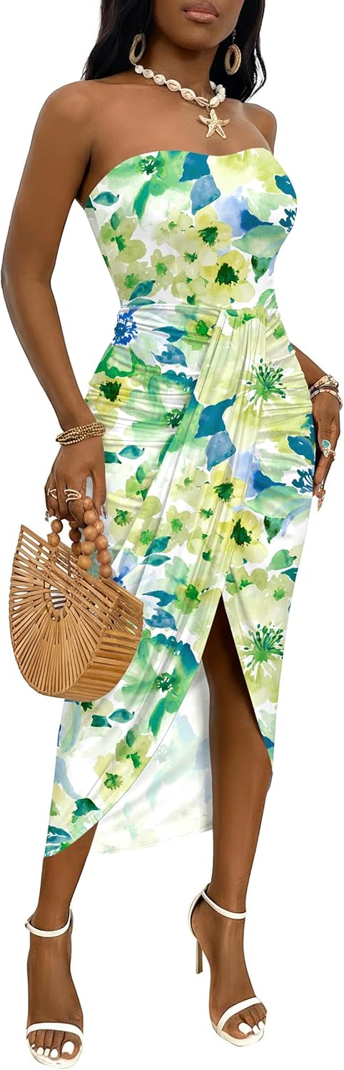 Umenlele Women's Strapless Ruched High Waist Beach Maxi Dress