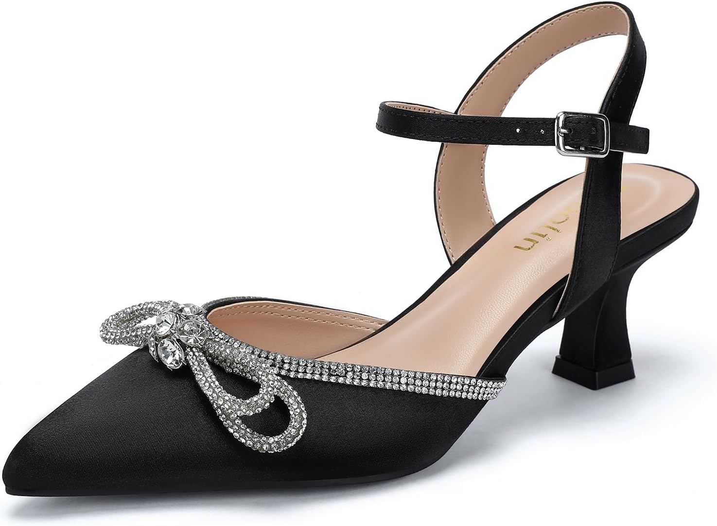 Wide Width Kitten Heels for Women with Rhinestone Bow Design