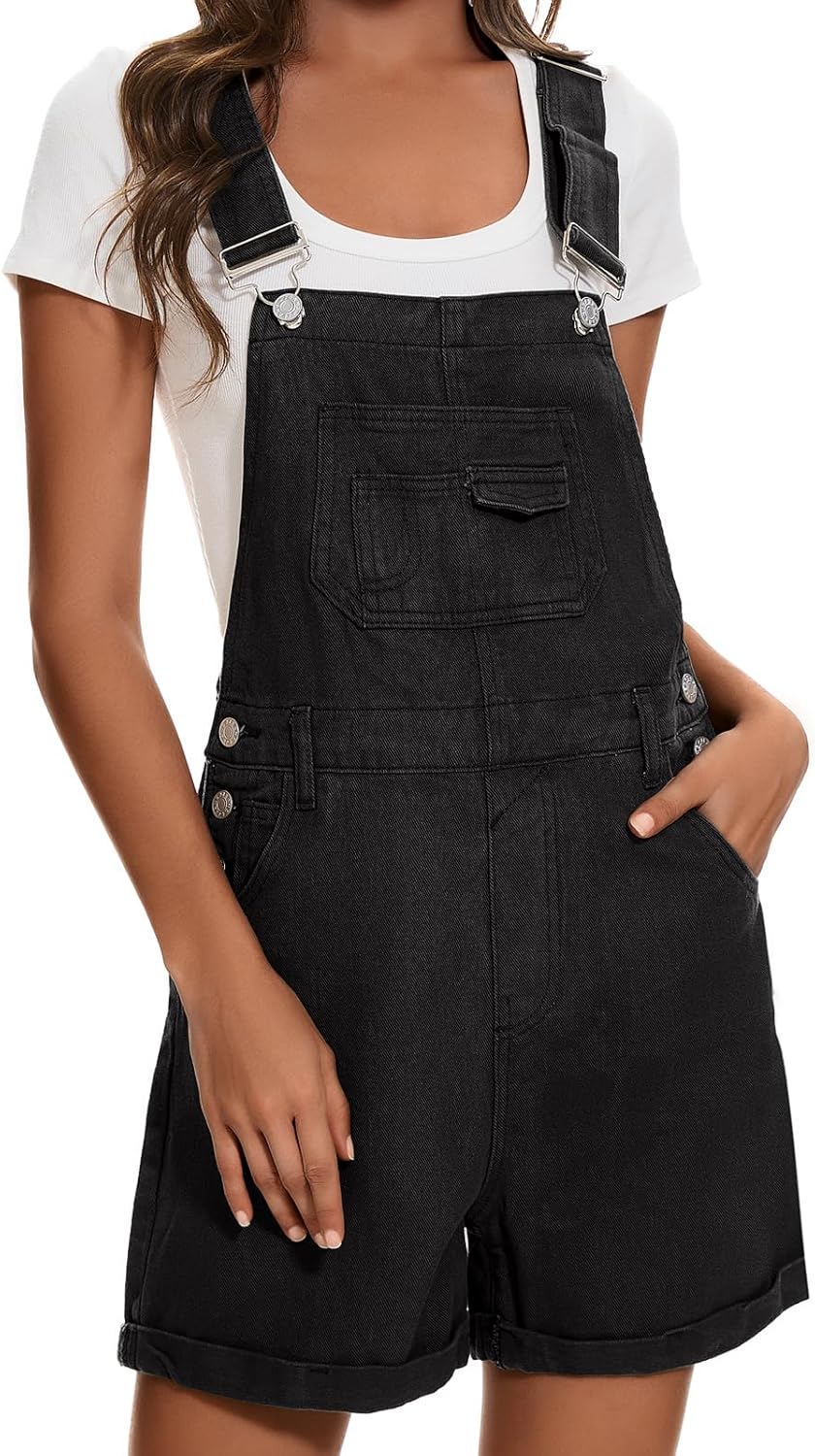 Women's Denim Shortalls with Adjustable Straps and Pockets